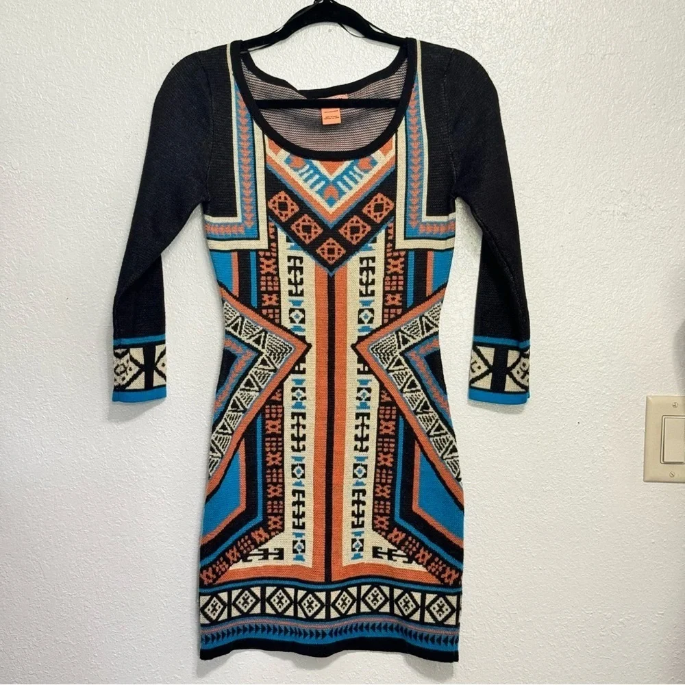 Anthropologie Flying Tomato Aztec Sweater Dress Black Blue Orange - Picture 2 of 9
